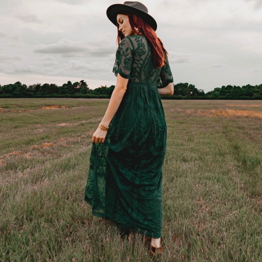 Forest Green Lace Mesh Overlay Maternity Maxi Dress